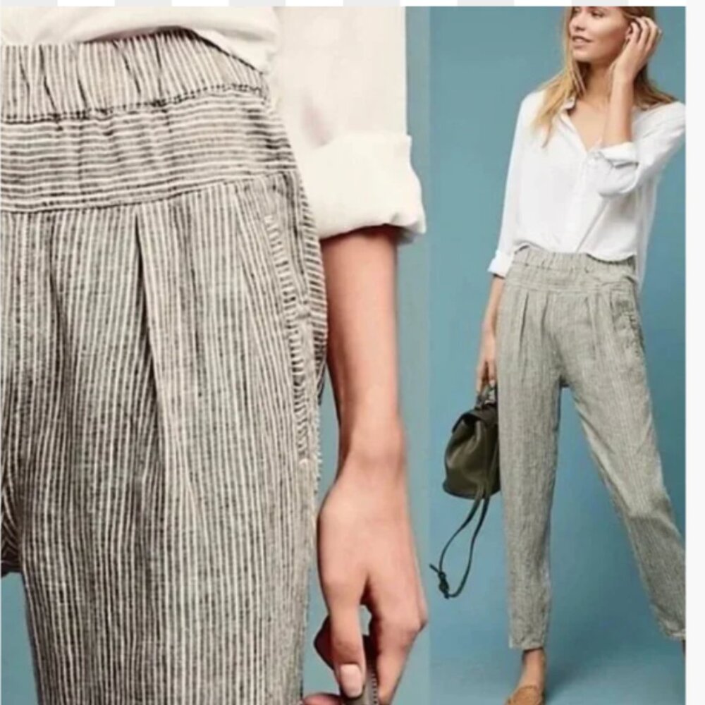 By Anthropologie Size XL Women Olive Green Stripes 100% Linen Pull on Pants - Picture 5 of 11